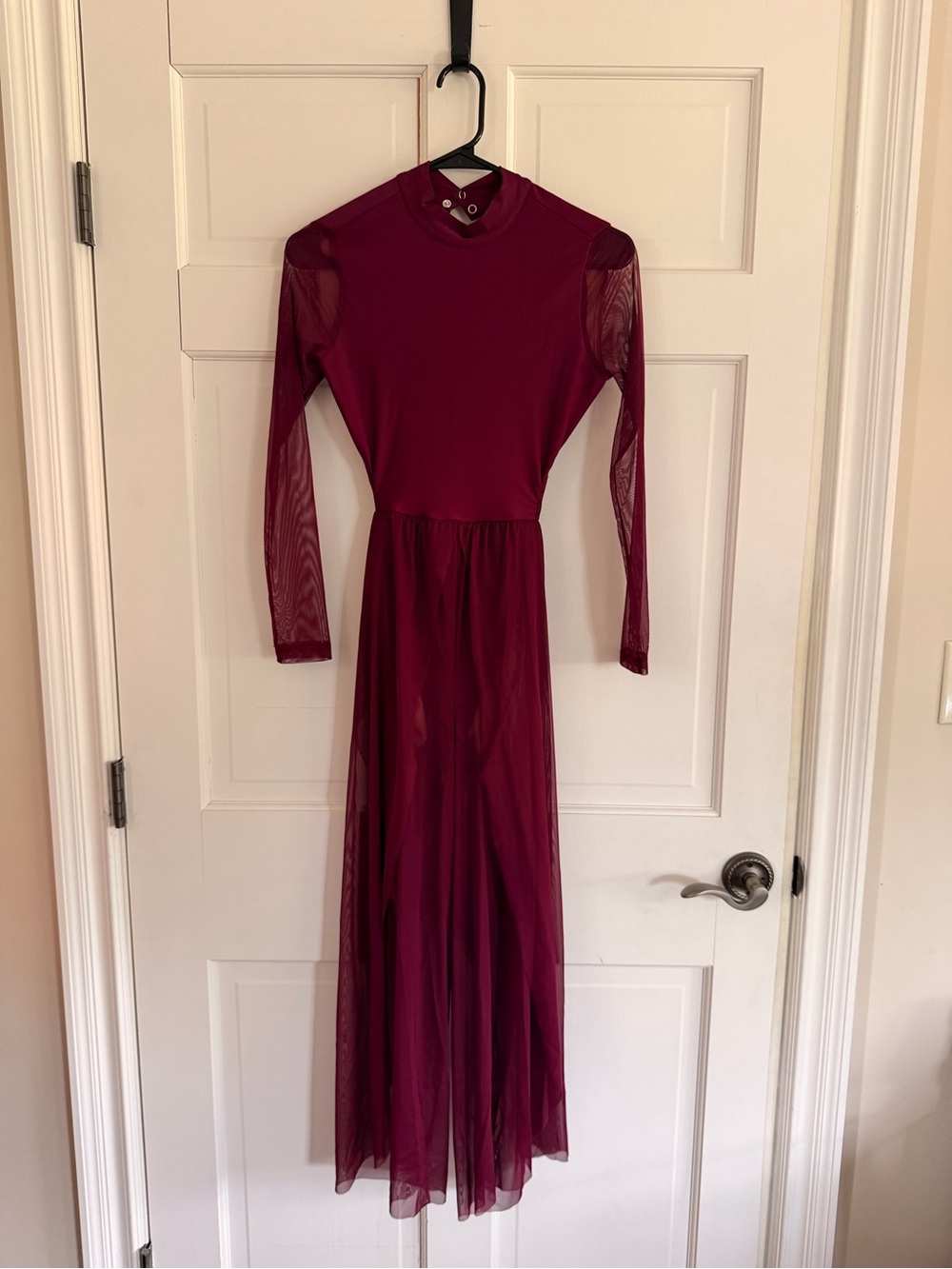 Women's Burgundy Long-Sleeve Mesh Jumpsuit Romper